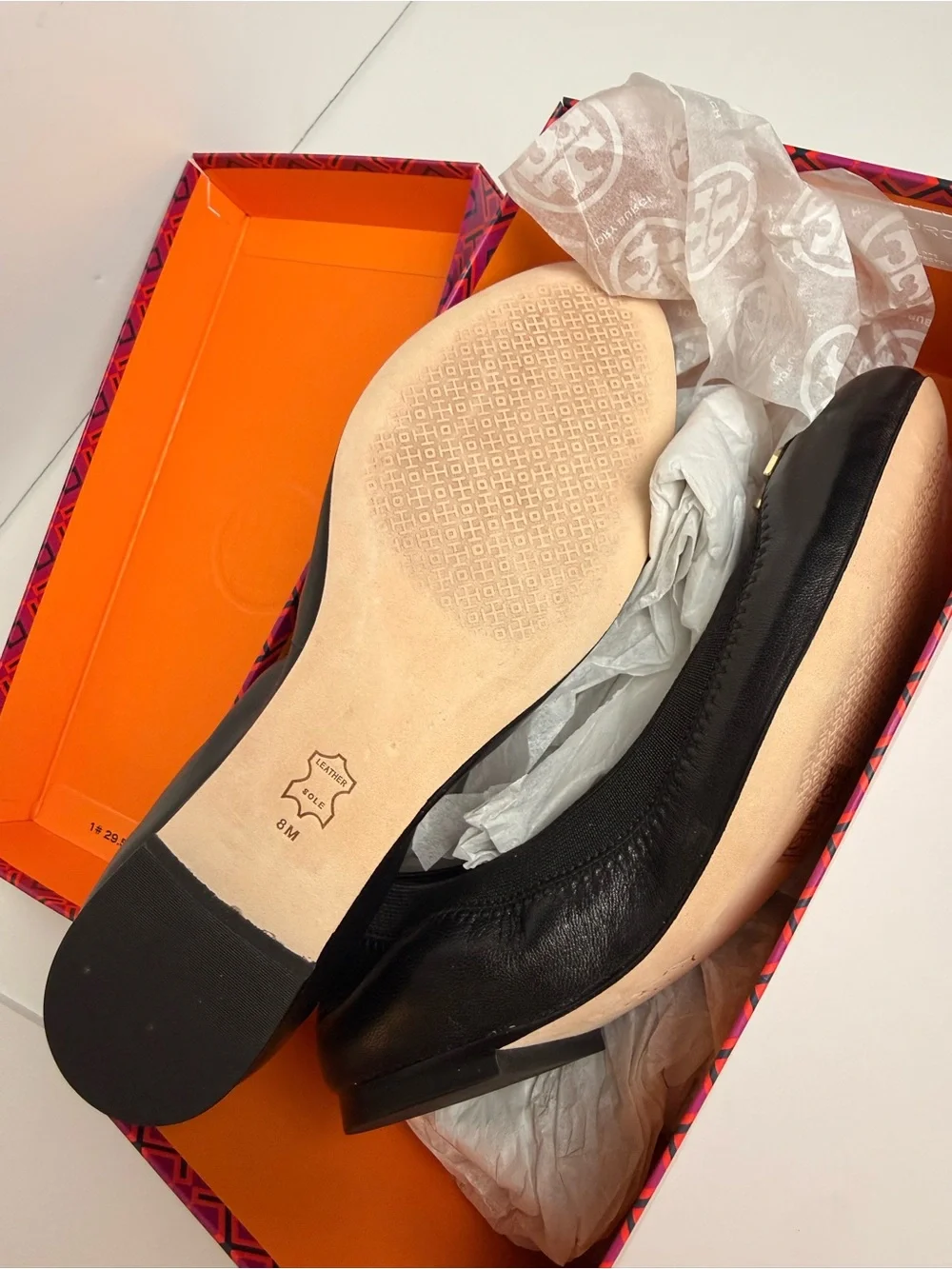 Tory Burch Claire Elastic Ballet Flats Black Nappa Leather Gold Logo Shoes Sz 8